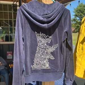 Y2k Juicy Couture Women's Navy Velour Hoodie with Rhinestone Design